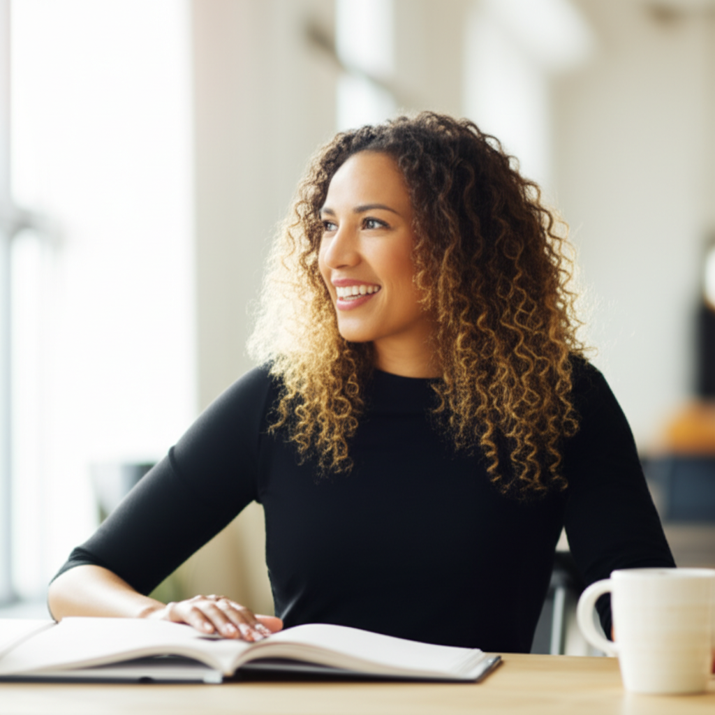 A happy business owner at her desk with coffee and notebook, ready to start her day